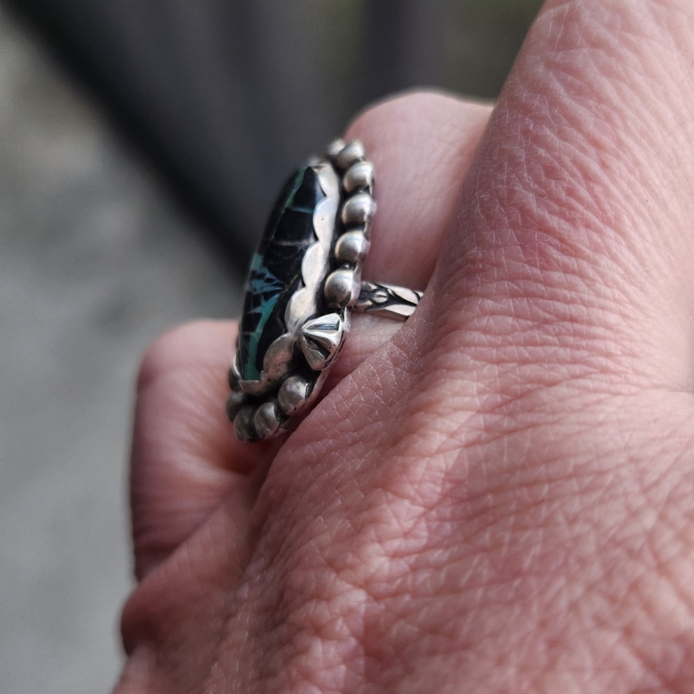 Handmade Sterling Silver 925 Black Jack Turquoise Ring Star Shot Size 6 - Picture 3 of 8